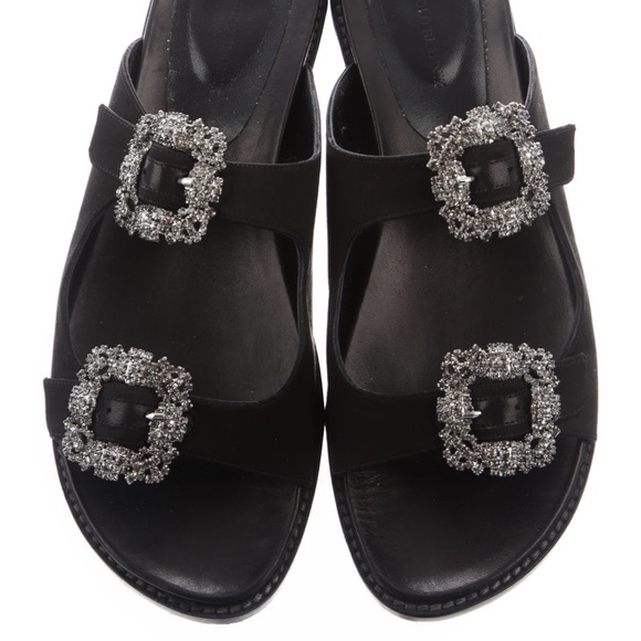 Manolo Blahnik | Shoes | Manolo Blahnik Sturlushangi Hangisi Black Satin  Slides Sandals Size 38 8 | Poshmark